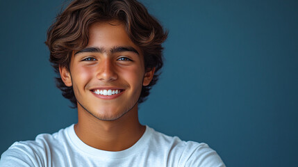 A happy and cheerful young Latino generation z student smiling against a dark blue background.