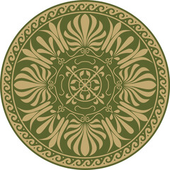 Vector gold with green classic Greek round ornament. Circle of Ancient Greece and the Roman Empire. Byzantine painting of walls, floors and ceilings. Decoration of European palaces