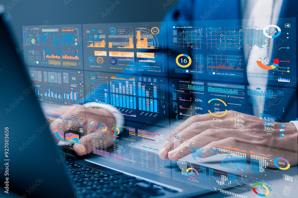 Poster analytics business concept. analyst use laptop analyzing sales data and financial growth graph chart