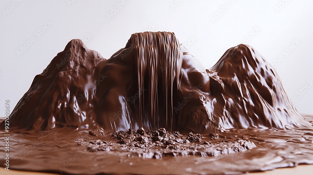 Poster chocolate mountain range with a chocolate waterfall.