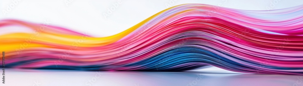 Poster A vibrant wave of colorful paper sheets creating a dynamic visual effect, perfect for creative projects and artistic themes.