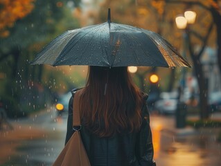 High resolution photo, back view of a young woman, holding an umbrella in the pouring rain, in the middle of a big city, wide angle shot, blurry background