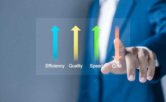 Quality, speed, efficiency and cost management concept. Efficiency Business. businessman touch to icons of business performance management on virtual screen