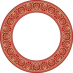 Vector round gold with red border, frame, Pompeii ring. Circle Neopolitan ornament. Art of Ancient Rome