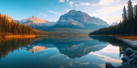 Panoramic Mountain Landscape with a Reflective Lake, Autumn Forest, Snow-Capped Peaks, and Serene Sunset Under a Clear Blue Sky