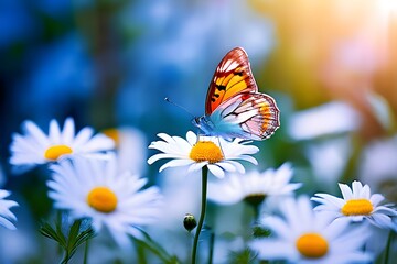  A vibrant butterfly perched on delicate daisies, showcasing nature's beauty and tranquility.
