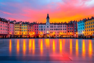 A vibrant European town square at dusk, with colorful buildings and streetlights casting a warm, inviting glow.