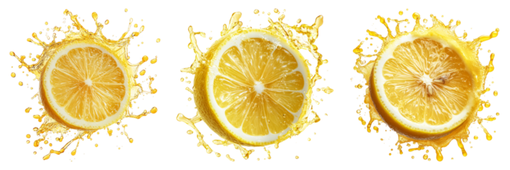 Lemon slices with juice splash in different arrangements isolated on transparent background