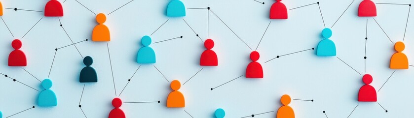 Abstract network of colorful people icons connected by lines, representing social interactions and connections in a digital age.