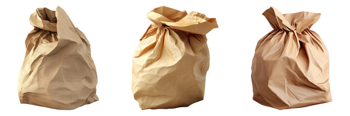 Paper bags with crumpled tops in different shapes isolated on transparent background
