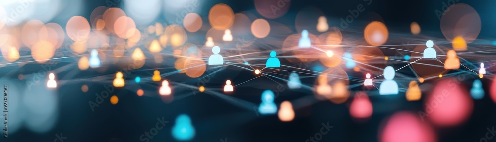 Poster abstract network of connections with colorful dots and silhouettes representing digital interactions
