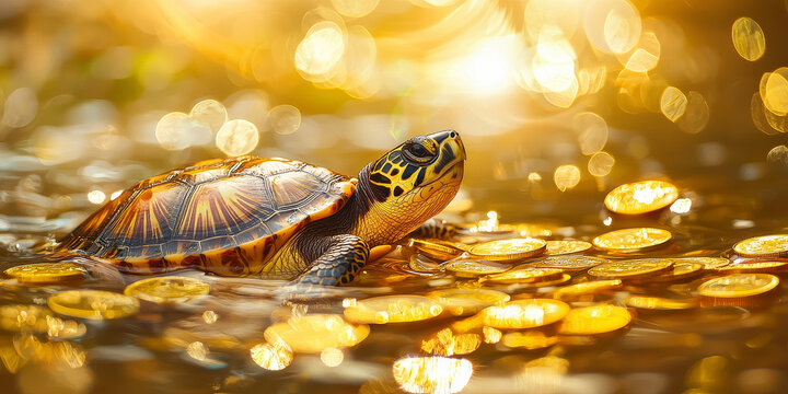 Turtle in the water, surrounded by gold coins, generative AI