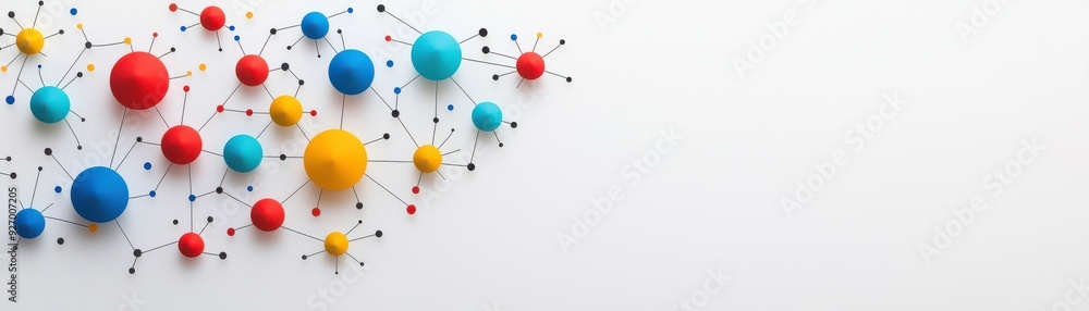 Poster abstract representation of connections with colorful spheres and lines on a white background, symbol