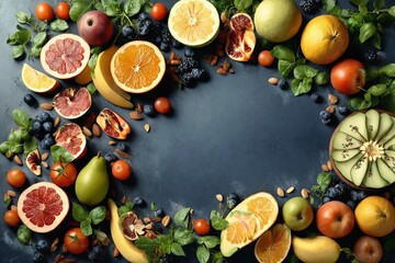 Fresh Fruits and Berries on Blue Background