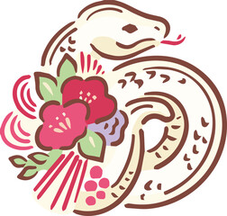 年賀状　2025　へび　正月飾り　輪飾り　巳年　巳　蛇　白蛇　モダン　手描き　かわいい　イラスト素材