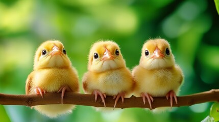 Naklejka premium Adorable Trio, Three fluffy yellow chicks perched on a branch, Green natural background.