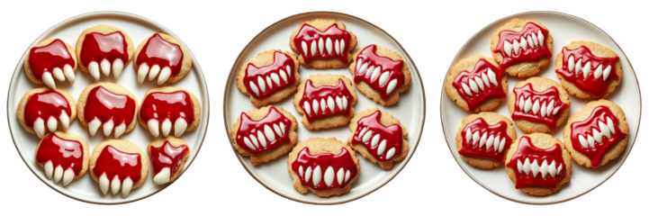 Plate of spooky Halloween themed cookies with vampire teeth design isolated on transparent background