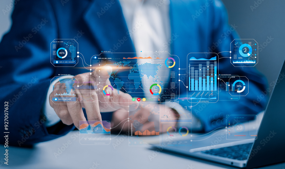 Poster analytics business concept. businessman use laptop with dashboard for business analytics and data ma