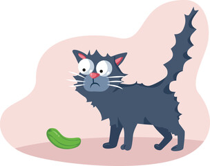 Fearful Cat Afraid of a Green Cucumber Vector Illustration. Domestic animal intimidated by a green vegetable 
