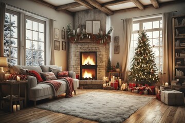 Fototapeta premium Cozy Christmas Living Room with Fireplace and Tree