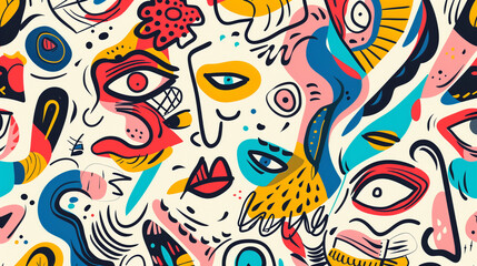 Abstract Faces and Shapes in Bold Colors on Light Background