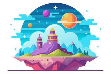 Fantasy Castle on a Floating Island with Stars and Planets