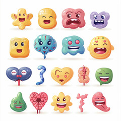 Colorful Cartoon Characters with Fun and Expressive Faces on White Background