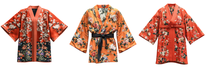 Traditional Japanese kimono robes with floral patterns isolated on transparent background