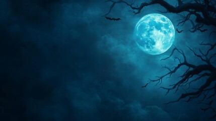 Fototapeta premium Eerie Full Moon in a Dark, Cloudy Sky with Bats Flying Past Bare Tree Branches, Setting a Haunting Halloween Scene