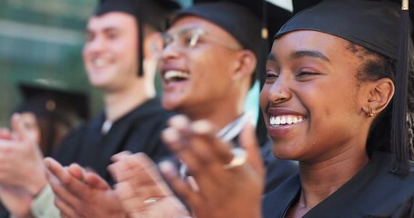 Clapping, school or happy graduates in ceremony for graduation or celebration outside together. Diversity, faces or proud students with smile for motivation, college achievement or education success