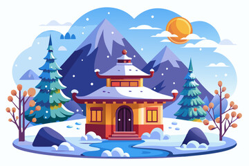 Traditional Chinese Pagoda in a Snowy Mountain Landscape