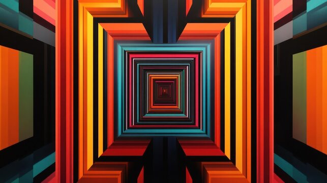 A vibrant and colorful tunnel with geometric patterns creates an optical illusion.