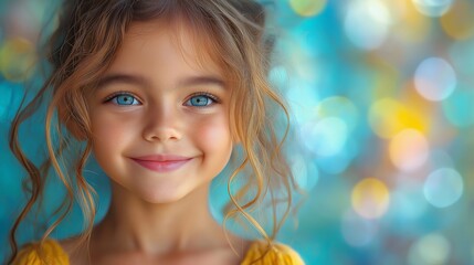 Fototapeta premium Happy Child’s Face with a Beaming Smile and Expressive Joyful Eyes, Set Against a Bright and Colorful Background in a Playful Setting, Conveying Pure Happiness
