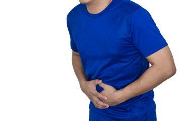 A man has a stomachache and holds his stomach with his hand.