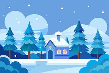 Fototapeta premium Snowy Winter Landscape with a Blue House and Pine Trees