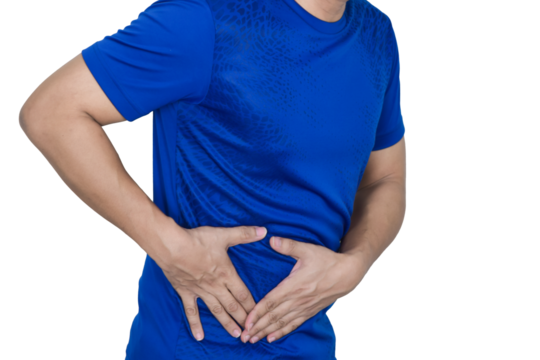 A man has a stomachache and holds his stomach with his hand.