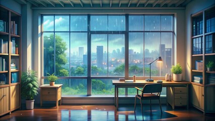 Lofi empty interior window view of a rainy day anime manga style study desk with cozy chill vibe in 4k resolution