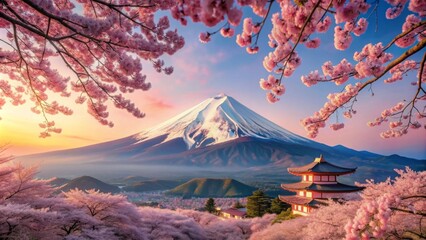 Beautiful Japan anime scenery with pink cherry trees and Mount Fuji in the background