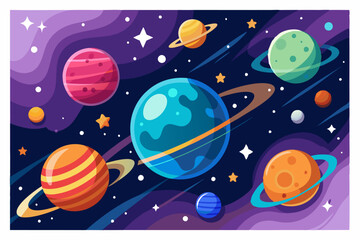 A vibrant illustration of planets and stars in space