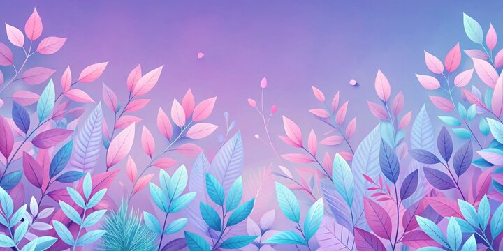 Abstract pastel spring day anime style panoramic wallpaper header with pink and blue foliage leaves on a purple background