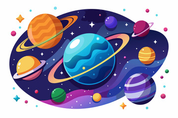 Colorful Planets and Stars in a Dark Space Background