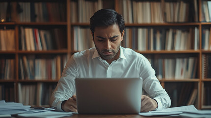 A focused Indian man, sitting at a desk in a contemporary workspace, carefully reading through a contract on his laptop, with data charts and documents around him.