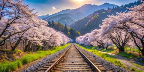 Fototapeta premium Scenic anime train tracks winding through a picturesque landscape filled with cherry blossoms and mountains