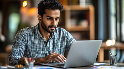 Obraz premium A focused Indian man, sitting at a desk in a contemporary workspace, carefully reading through a contract on his laptop, with data charts and documents around him.