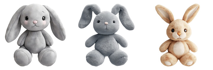 Adorable stuffed animal plush toys in various colors isolated on transparent background
