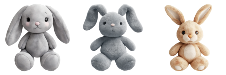 Adorable stuffed animal plush toys in various colors isolated on transparent background