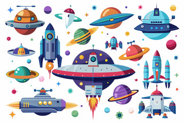 Cartoon Spacecraft and Planets in Outer Space