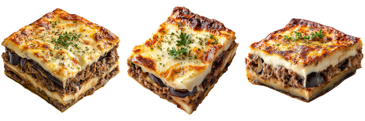 Layers of traditional lasagna slices with meat and cheese isolated on transparent background