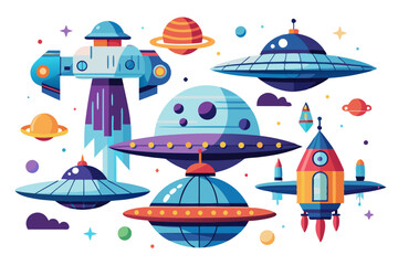 Colorful Spaceships, Planets, and Stars in Outer Space