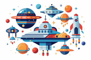 A Colorful Illustration of Spacecraft and Planets